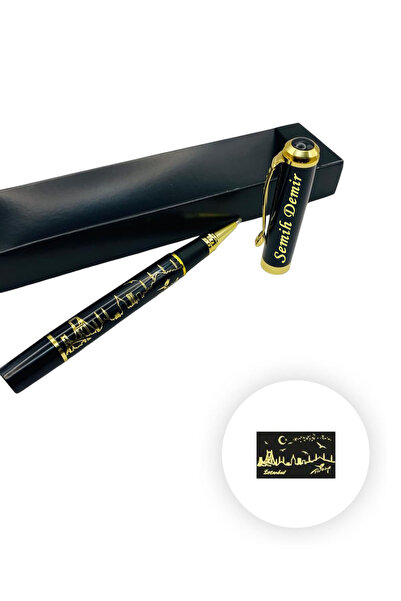 Cömert Hediyelik Eşya İsme Özel İstanbul Figürlü Gold Tekli Roller Kalem- Kutulu