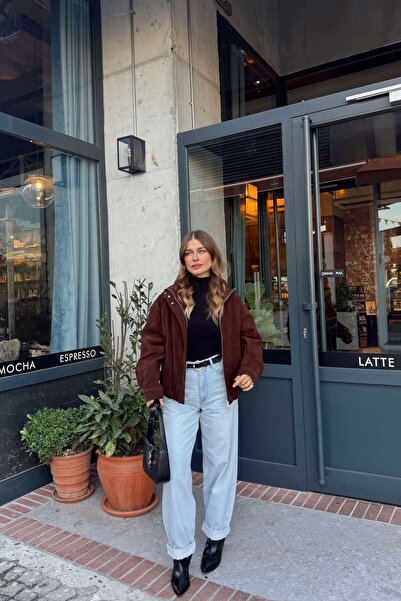 Sue Store Σκούρο καφέ σουέτ μπουφάν με ελαστική μέση και επένδυση ψηλός λαιμός