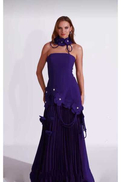 MOONDRESS KADIN ABİYE STRAPLEZ ÜST PLİSE ETEK ÇİÇEK DETAYLI ŞIK ELBİSE