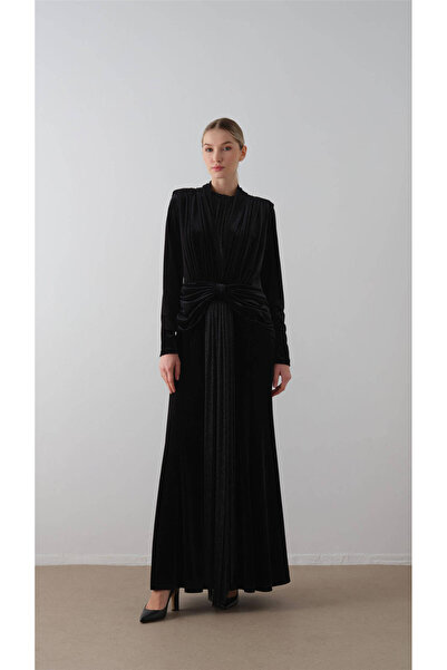 miha Hicran Önal ÖN ORTASI SİMLİ KADİFE ELBİSE Siyah