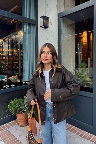 Sue Store Brown Red Plaid Lined Velvet Collar Oversized Quilted Oil Jacket