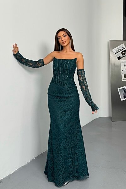 İyem Abiye Dantel Detaylı Kollu Ve Taş İşlemeli Şık Tasarım Abiye Elbise Dar ...