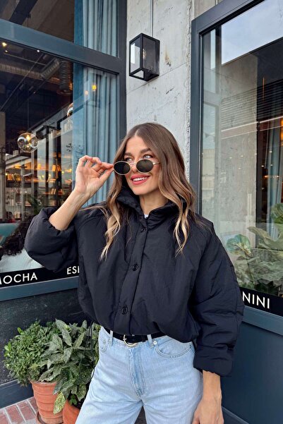 Sue Store Black Drawstring Waist Lined Oversized Puffer Jacket