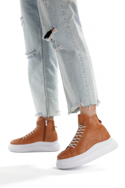 LOS SHOES Hakiki Deri Beyaz Tabanlı Taba Günlük Kadın Bot