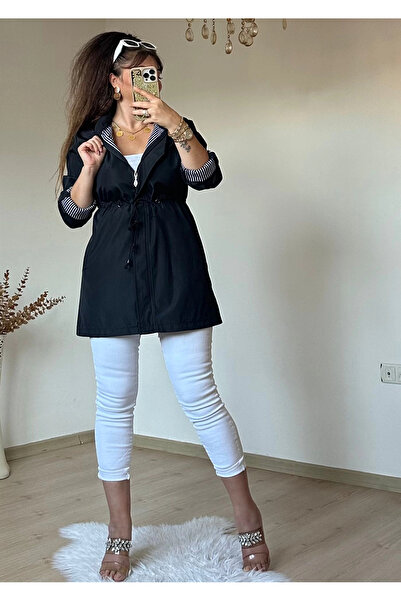 AZRA BUTİK Kısa Çizgili Trençkot Siyah