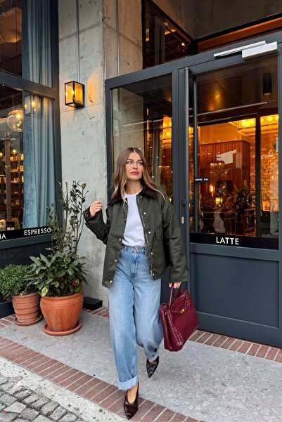 Sue Store Χακί πράσινο καρό με επένδυση από βελούδο γιακά oversized καπιτονέ λαδωμένο μπουφάν