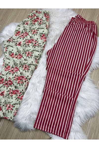 Pijamacs Green Floral and Burgundy Striped Plus Size 2-Piece Pajama Bottoms