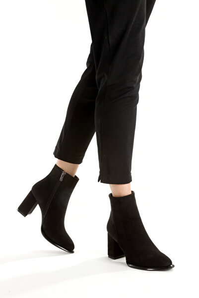 PİCCOLO 8CM KALIN TOPUKLU ŞIK FERMUAR DETAYLI SÜET BOT