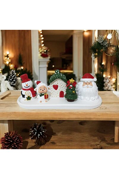 Dekorasyon Bahçesi Noel Köyü Tealight Dekor – Kardan Adam, Noel Baba, Ev, Kuzu ve Çam Figürlü El Yapımı Taş Tozu Set