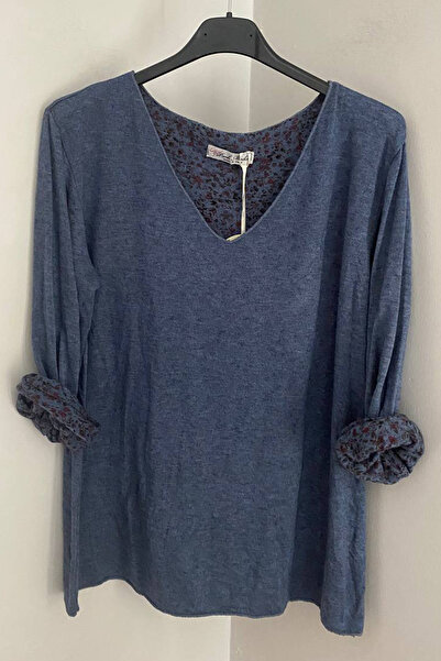 AYASOFYA OTANTIK Bluză tricotată pentru femei, albastru indigo, cu decolteu în V, cu model floral crocant, din viscoză, amestec de lână angora