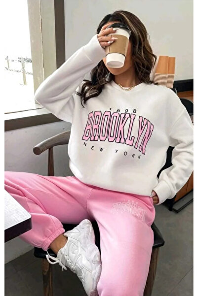 SUNFREE Brooklyn Printed Bottom Top Set Cotton Sports Crew Neck Sweatshirt And Elastic Sweatpants