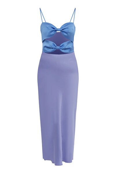 Keikei Mavi Krep Saten Kolsuz Orta Boy Elbise