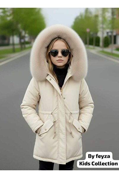 By Feyza Kids Collection Kız Çocuk Kürklü Kapşonlu Mont İçi Yünlü 3 Renk