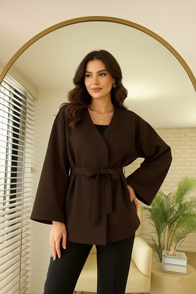UnikaBoutigue Kadın Yeni Sezon Kuşaklı Scuba Ceket Kimono Tunik Oversize Trend Rahat Modern Tesettüre Uygun