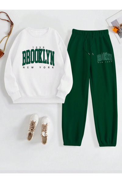 SUNFREE Brooklyn Printed Bottom Top Set Cotton Sports Crew Neck Sweatshirt And Elastic Sweatpants