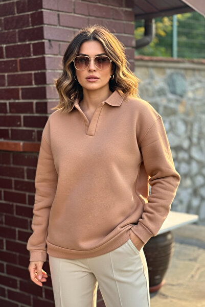 GUARAZ Дамска кафява памучна блуза с поло яка от мек дебел плат