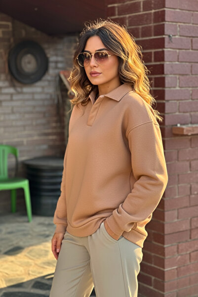 GUARAZ Дамска кафява памучна блуза с поло яка от мек дебел плат