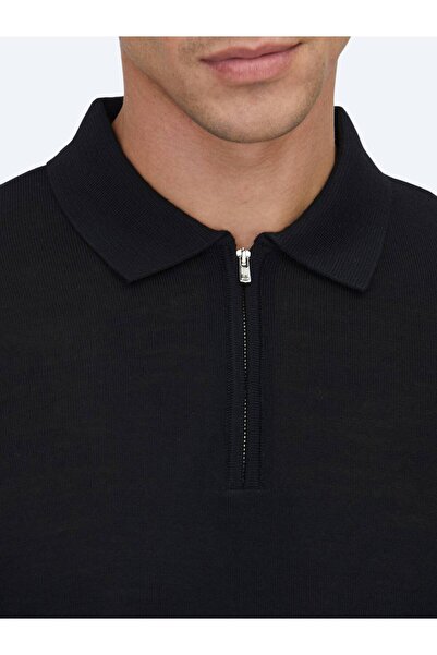 Kip Siyah Polo Yaka Jakarlı Yün Karışımlı Triko Kazak