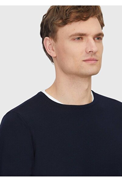 Ramsey Navy Blue Crew Neck Plain Knit Wool Blended Sweater