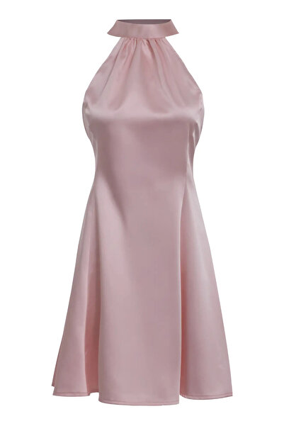 Keikei Pudra Saten Kolsuz Kısa Elbise