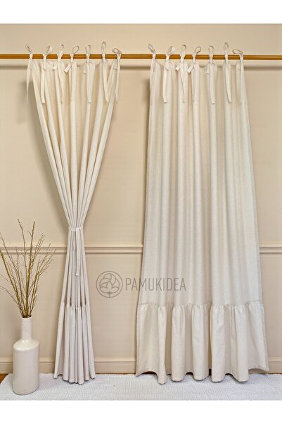 pamukidea Ruffled Rope Laced Skirt 100% Cotton Natural Buldan Linen Rustic Curtain - Single Wing - (En X Size)