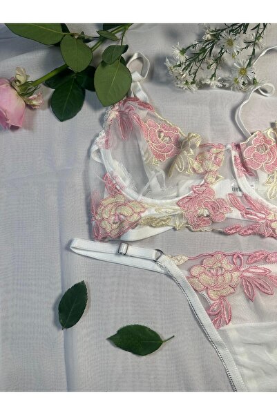 Romantik Pembe Çiçekli Kapsız Bralet Set
