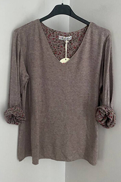 AYASOFYA OTANTIK Women's Italian Mink V-Neck Crisp Floral Patterned Viscose Angora Wool Blend Knitwear Blouse