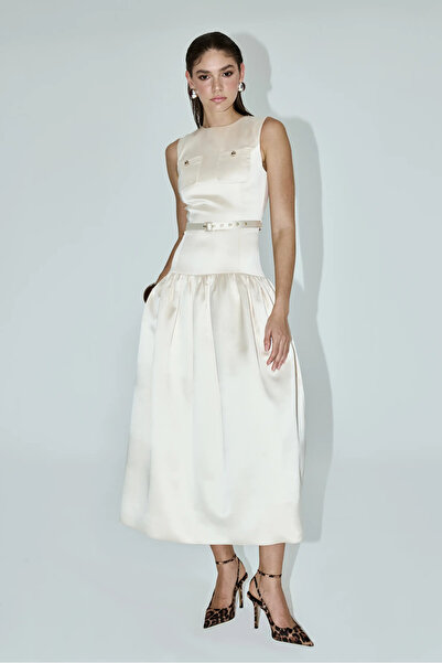 Keikei Pudra Saten Kolsuz Uzun Elbise