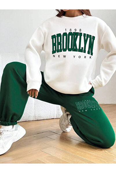 SUNFREE Brooklyn Printed Bottom Top Set Cotton Sports Crew Neck Sweatshirt And Elastic Sweatpants
