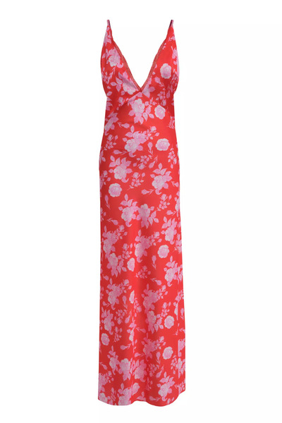 Keikei Desenli Saten Kolsuz Uzun Elbise