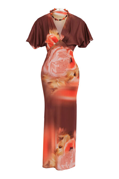 Keikei Desenli Saten Kısa Kol Uzun Elbise