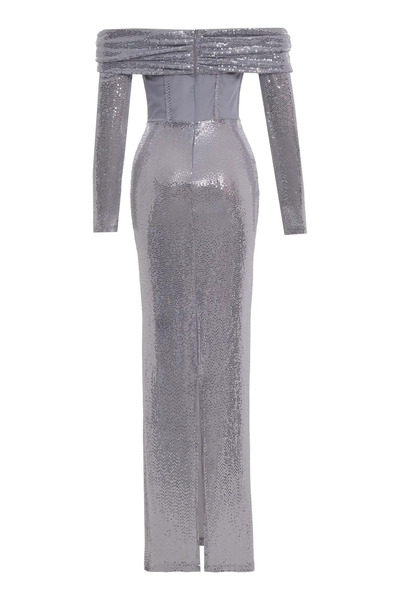 Keikei Gri Sendy Uzun Kol Uzun Elbise