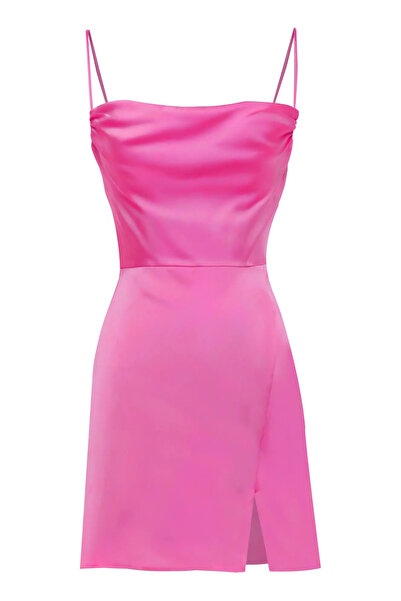 Keikei Fuşya Saten Kolsuz Kısa Elbise