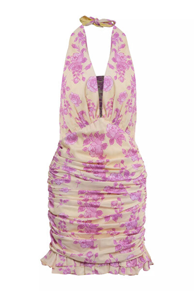 Keikei Desenli Poplin Kolsuz Kısa Elbise