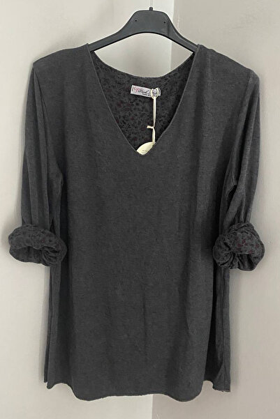 AYASOFYA OTANTIK Bluză tricotată din amestec de lână angora din viscoză, cu decolteu în V, antracit, italiană, cu model floral crocant în interior