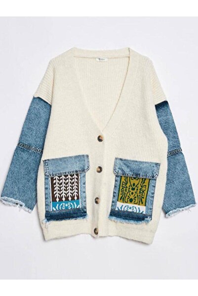 Robin 94115 Jean Detaylı Triko Hırka Bej