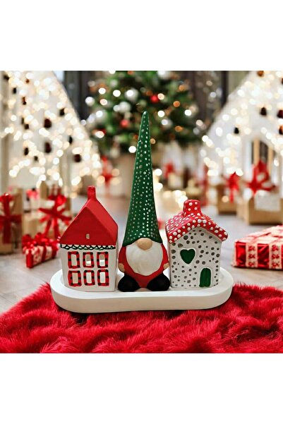 Cüceli Mini Köy Tealight Dekor – 2 Ev ve Cüce Figürlü El Yapımı Taş Tozu Obje - Oval Taban Dahildir