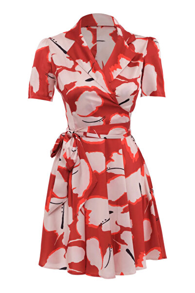 Keikei Desenli Saten Kısa Kol Kısa Elbise