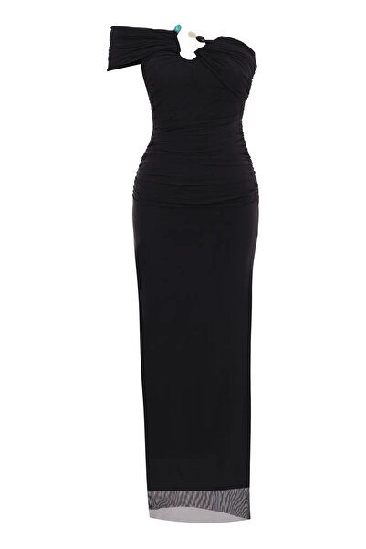 Keikei Siyah Tül Tek Kol Uzun Elbise