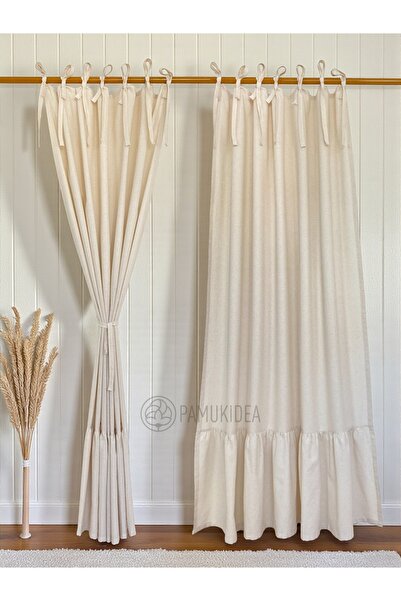 pamukidea Ruffled Rope Laced Skirt 100% Cotton Natural Buldan Linen Rustic Curtain - Single Wing - (En X Size)