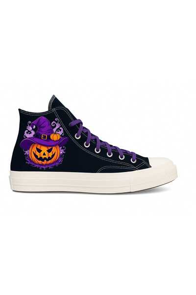 ECCAdesing Hallowen Witch Pumpkin Printed Black Linen Purple Lace-Up Sneakers Sneaker