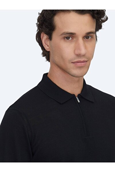 Kip Siyah Polo Yaka Jakarlı Yün Karışımlı Triko Kazak