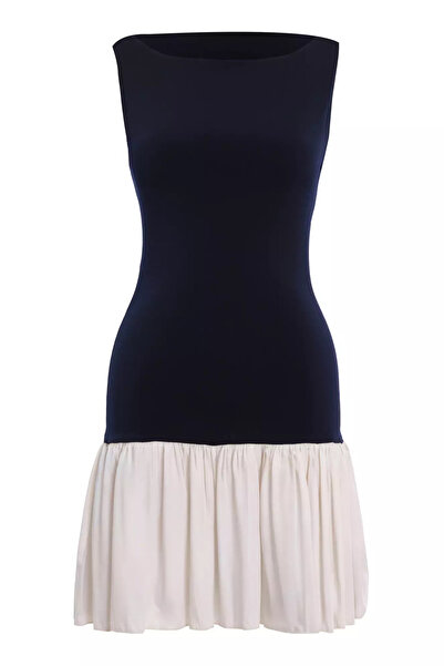 Keikei Lacivert örme Kolsuz Kısa Elbise