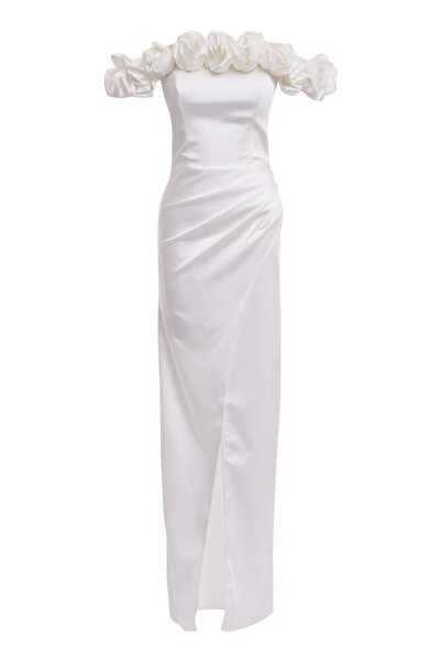 Keikei Beyaz Saten Straplez Uzun Elbise