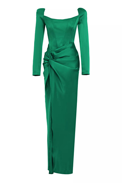 Keikei Yeşil Saten Uzun Kol Uzun Elbise