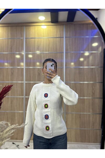 CLOUDY WEAR&DESİGN Girl's Colorful Embroidery Detailed Pink-Ecru Oversized Knitwear Sweater