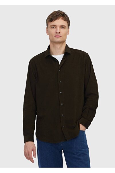 Ramsey Khaki Plain Woven Velvet Casual 100% Cotton Shirt