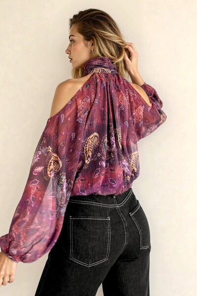 OLSAMODA Women's Fisherman Collar Balloon Sleeve Off-Shoulder Lined Chiffon Blouse