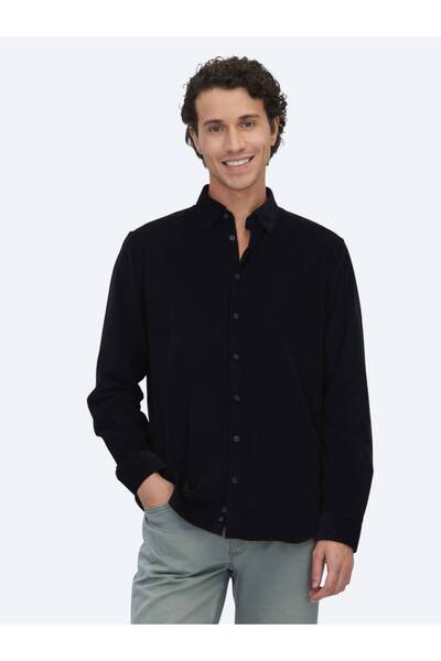 Kip Black Striped Regular Fit Woven Velvet Casual 100% Cotton Shirt