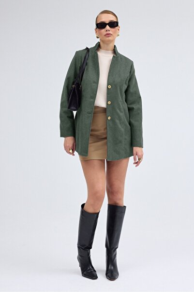 Toridas Woolen Coat in Khaki Color with Collar in Design Style